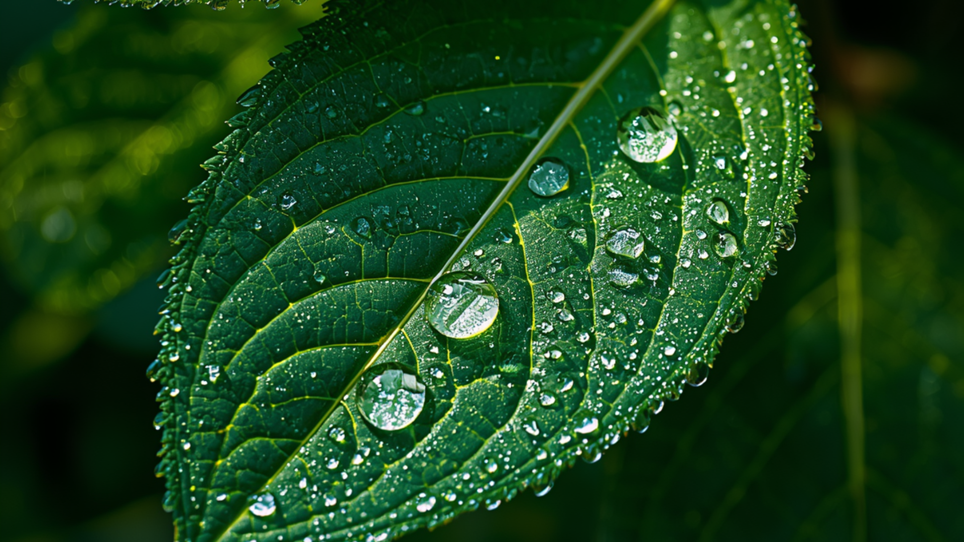 Hoja verde con gotas de agua simbolizando sostenibilidad y tratamiento eficiente del agua